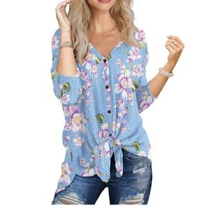 Waffle Knit Tunic Blouse Tie Knot Henley Tops